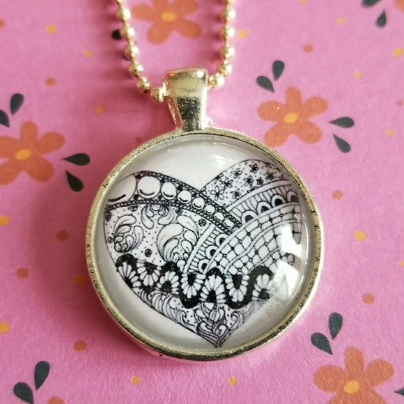Relisted -Zentangle heart bubble necklace silver tone ball - Picture 3 of 8